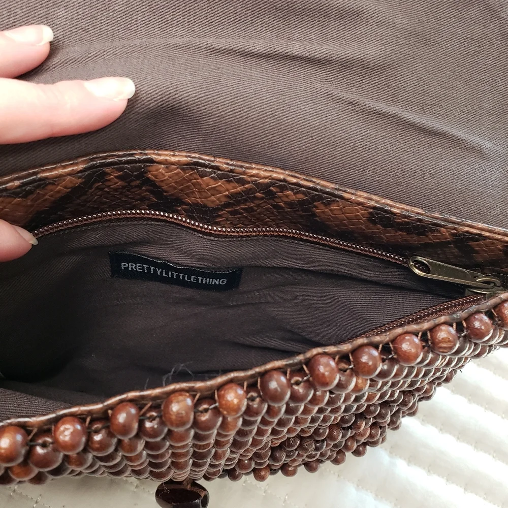 Brown Beaded Snake print Clutch Bag - Picture 8 of 10